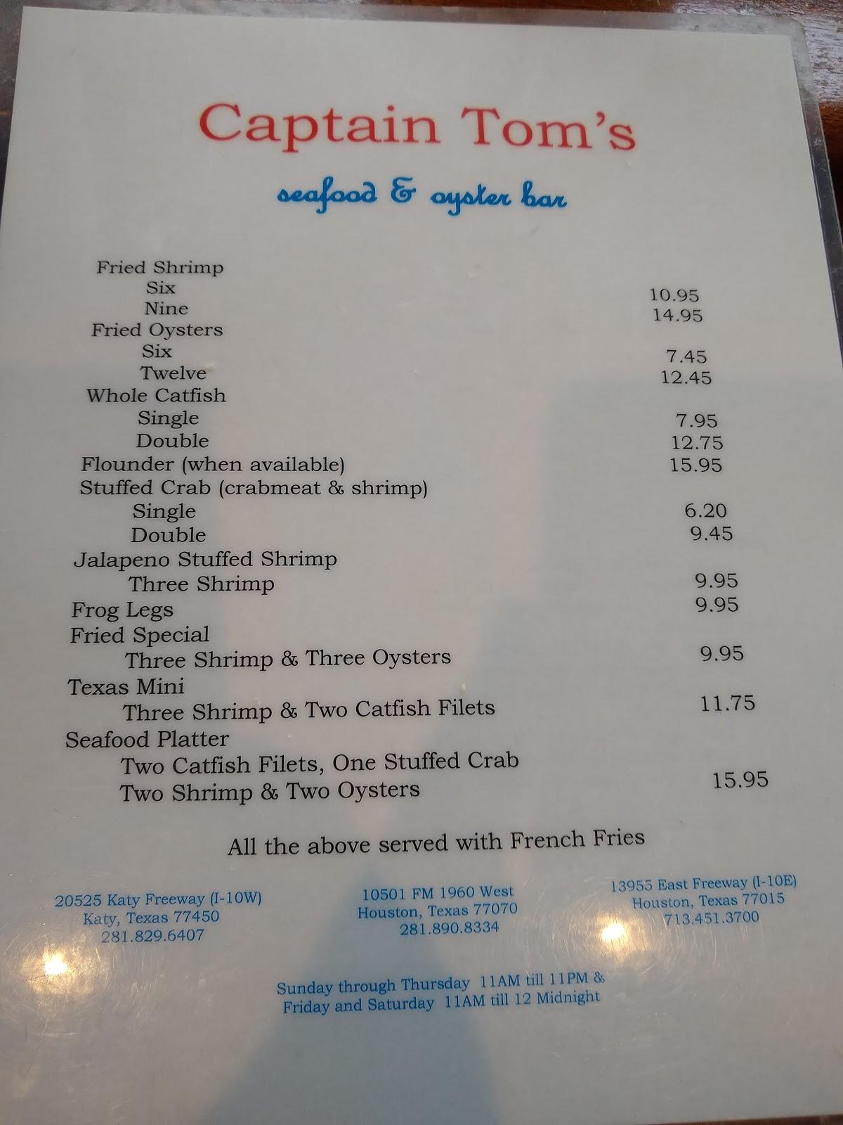 Menu at Captain Tom's Seafood & Oyster Bar, Houston