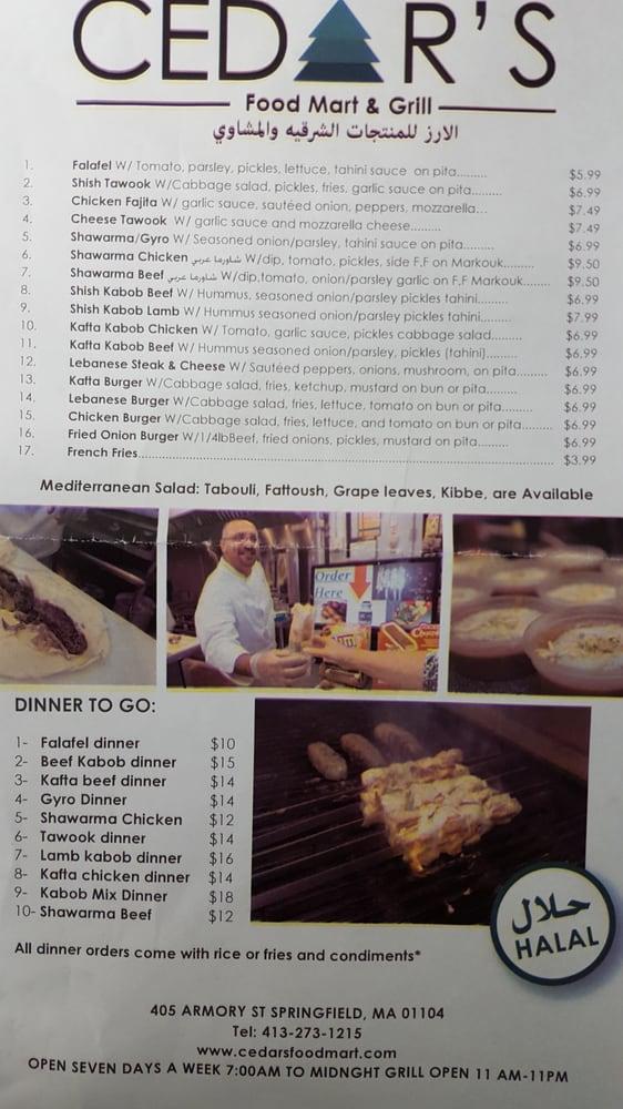Menu at Cedar's Food Mart and Grill Halal restaurant, Springfield