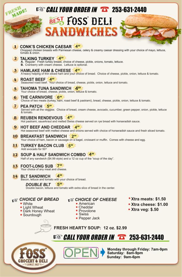 Menu at Foss Grocery & Deli pizzeria, Covington
