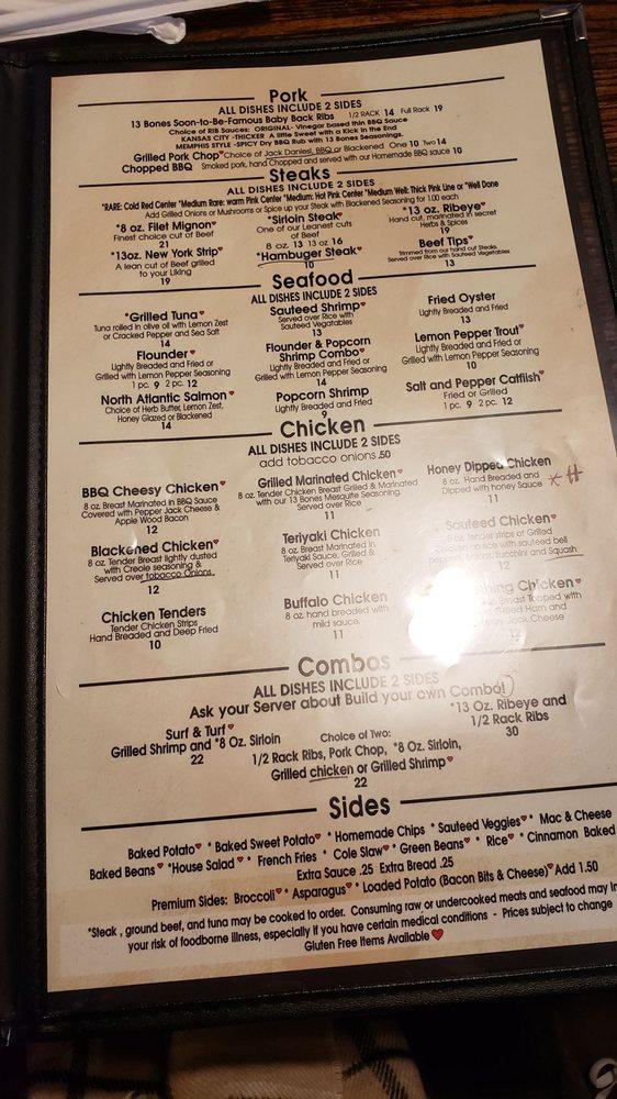 Menu at 13 Bones Restaurant, Mount Airy