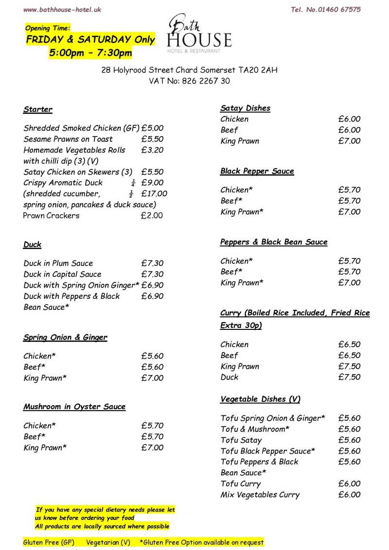 Menu at Bath House Hotel & Restaurant, Chard