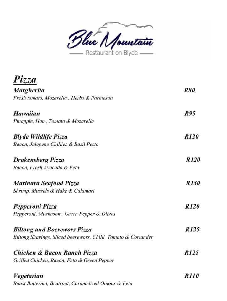 Carta de Blue Mountain Restaurant, Sudáfrica, Stand 1 Blyde Wildlife