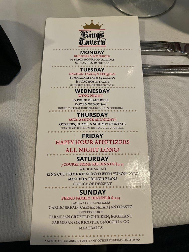 Menu at Kings Tavern restaurant, Coatesville