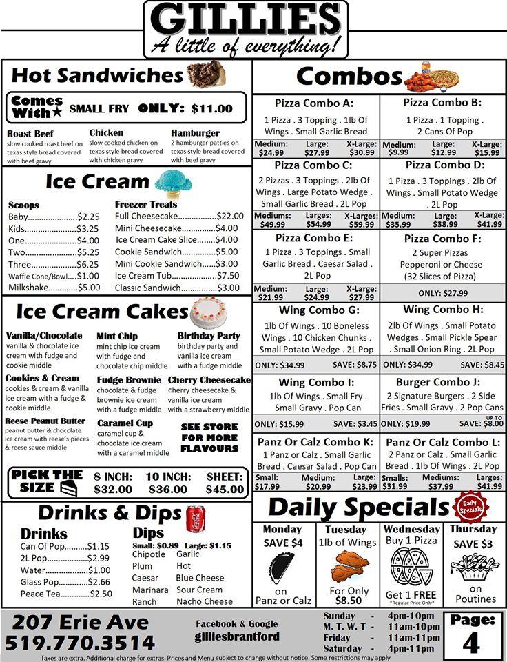 Menu at Gillies Takeout pizzeria, Brantford