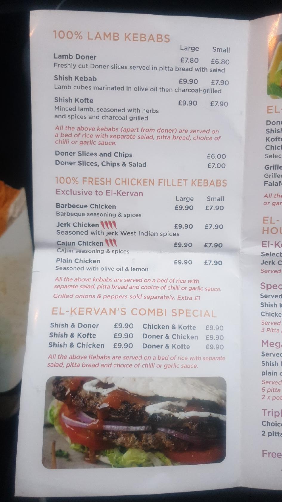 Carta de parrilla El Kervan Kebab, West Wickham