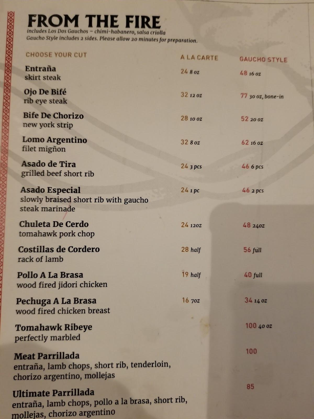 Menu at Gaucho Grill steakhouse, West Covina