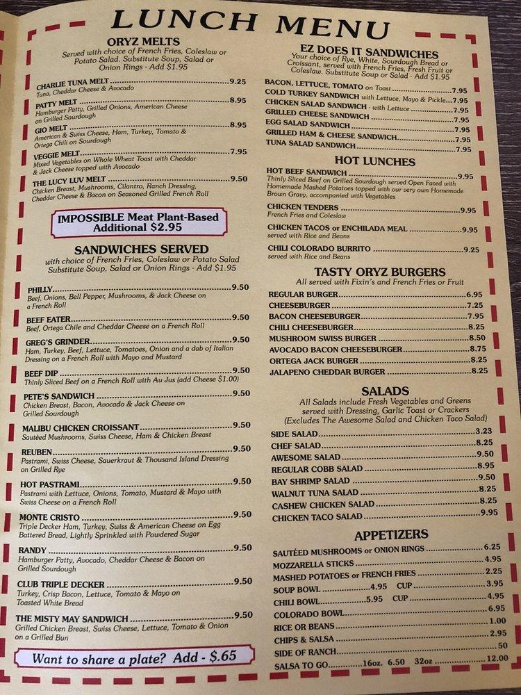 Menu at Oryz Family Restaurant, Hemet