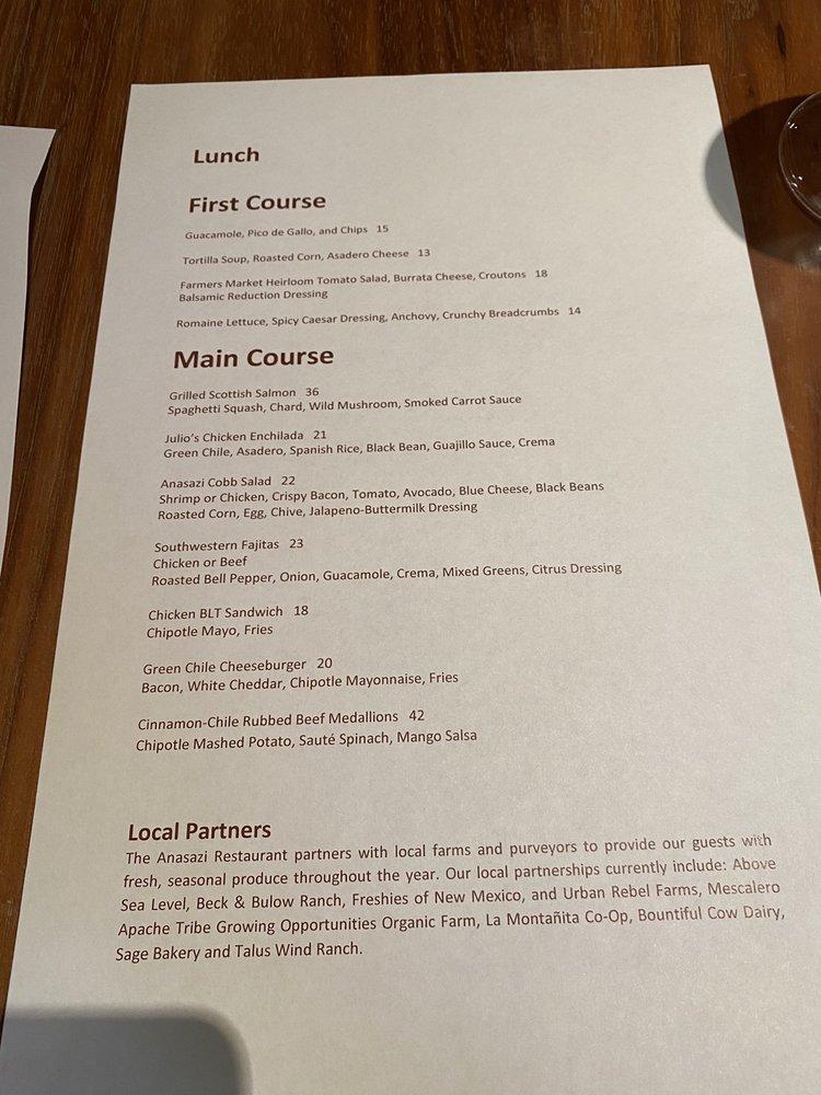 Menu At The Anasazi Restaurant, Bar & Lounge, Santa Fe