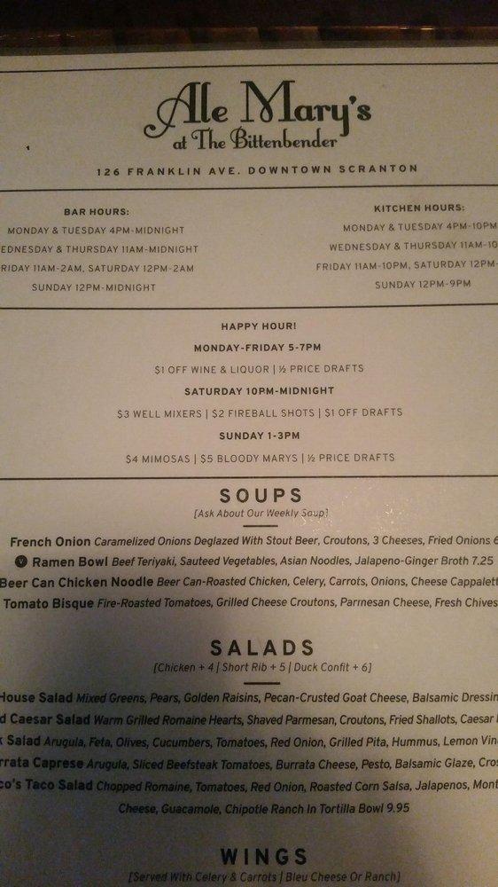 Menu at Ale Mary's at the Bittenbender pub & bar, Scranton