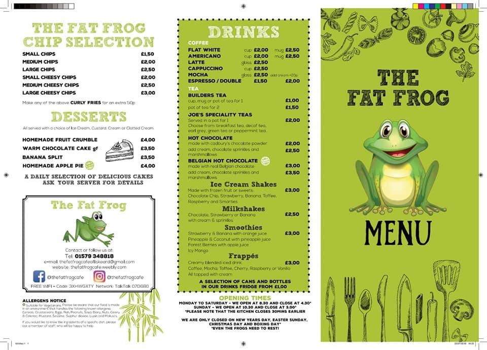 Menu at The Fat Frog cafe, Liskeard