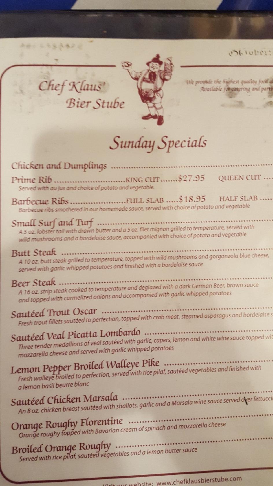 Menu at Chef Klaus' Bier Stube restaurant, Frankfort