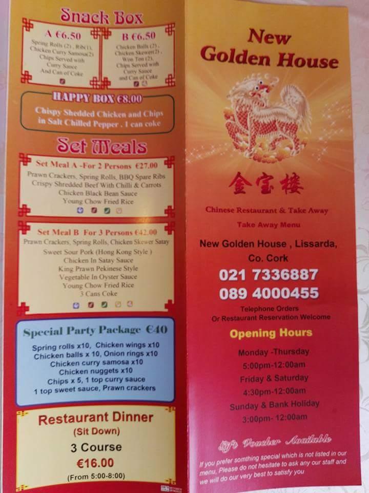 Menu at New Golden House Chinese, Lissarda restaurant, Lissarda