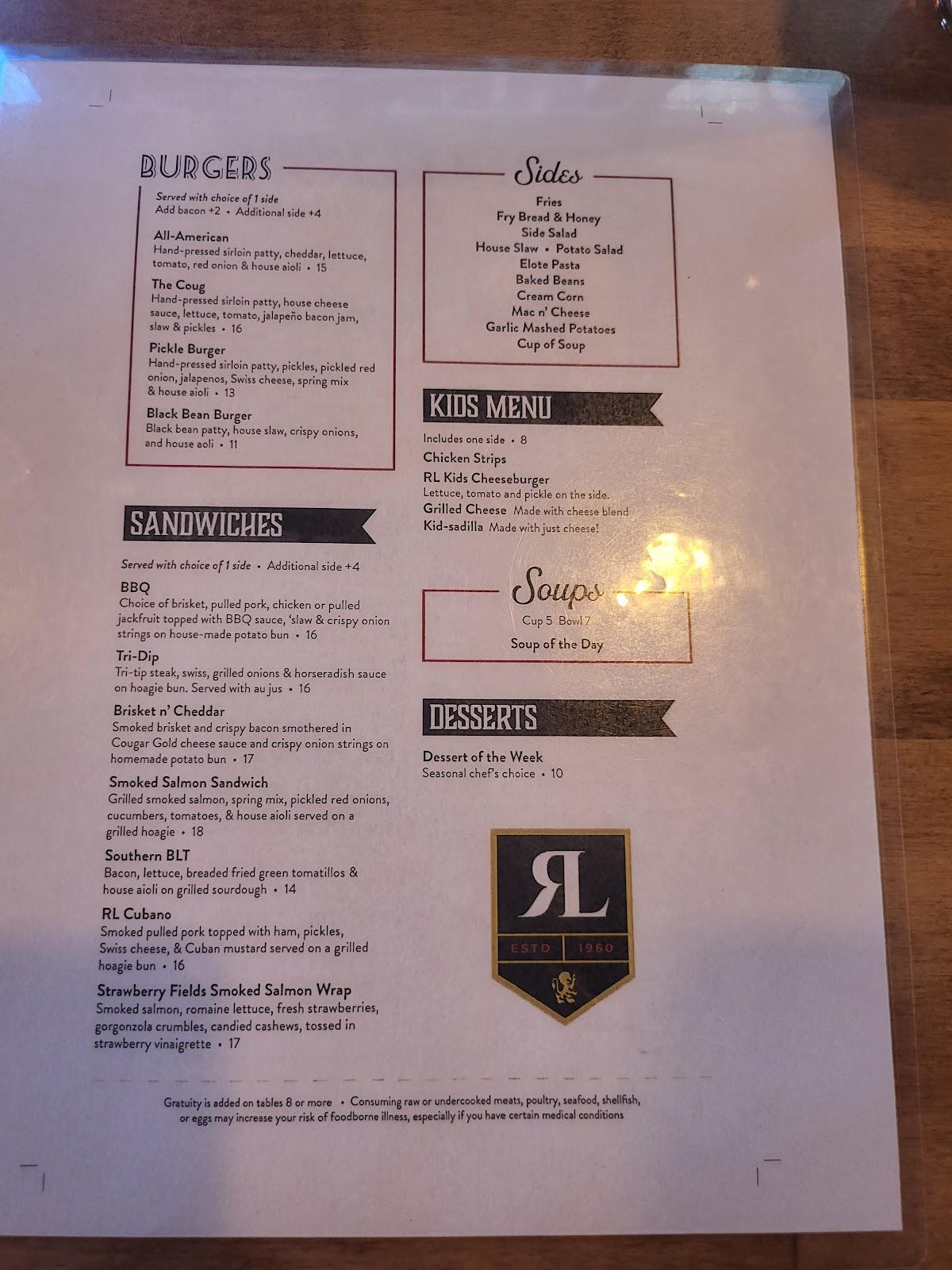 Menu at Red Lion Pub, Spokane
