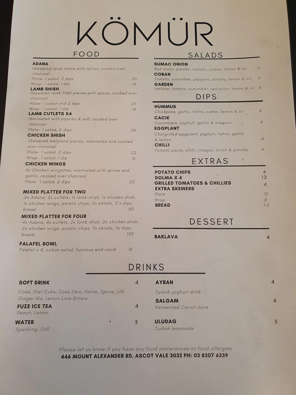 Menu at Komur restaurant, Ascot Vale