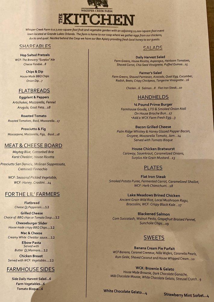 Menu At Whisper Creek Farm The Kitchen Restaurant Orlando