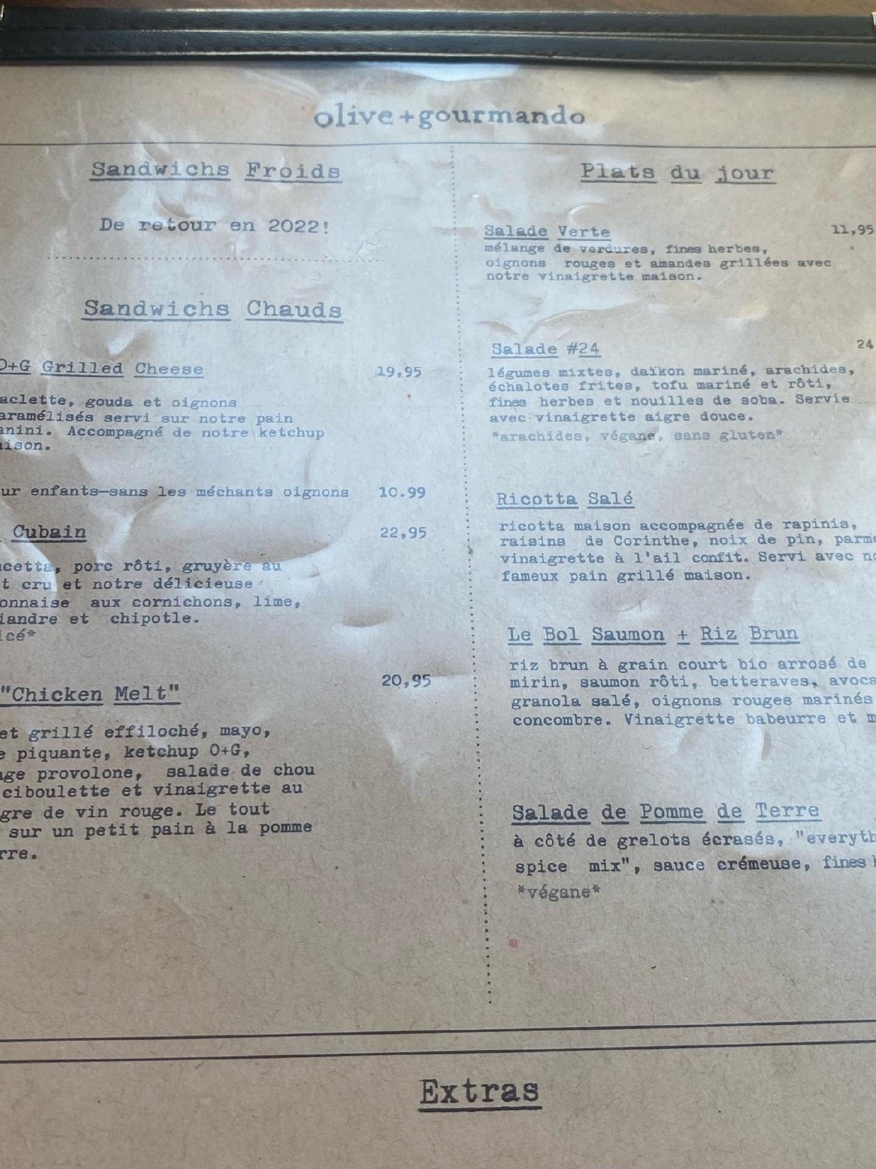 Menu at Olive et Gourmando cafe, Montréal