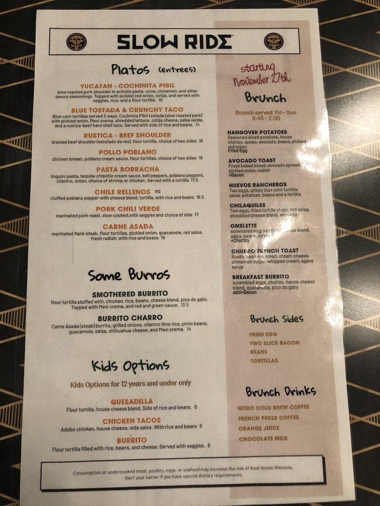 Menu at Slow Ride Tequila Cocina pub & bar, Watford City