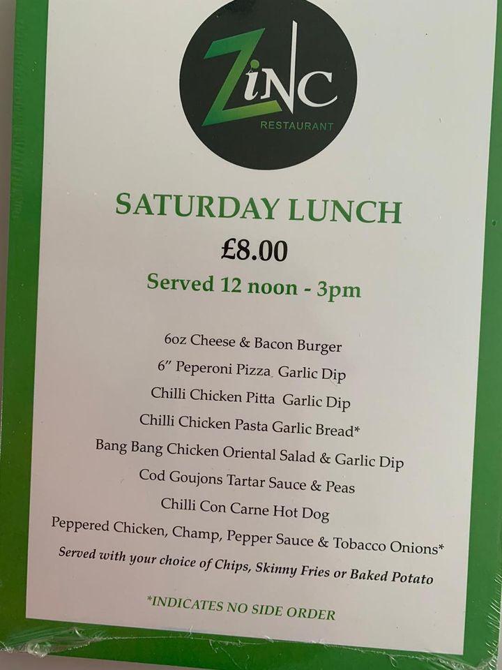 Menu at Zinc restaurant, Ballymoney