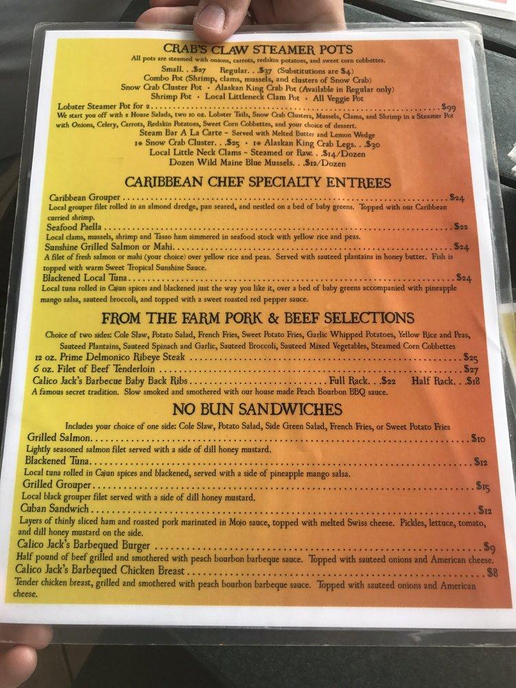 Menu at Crab's Claw Oceanfront Caribbean Seafood Restaurant, Atlantic Beach