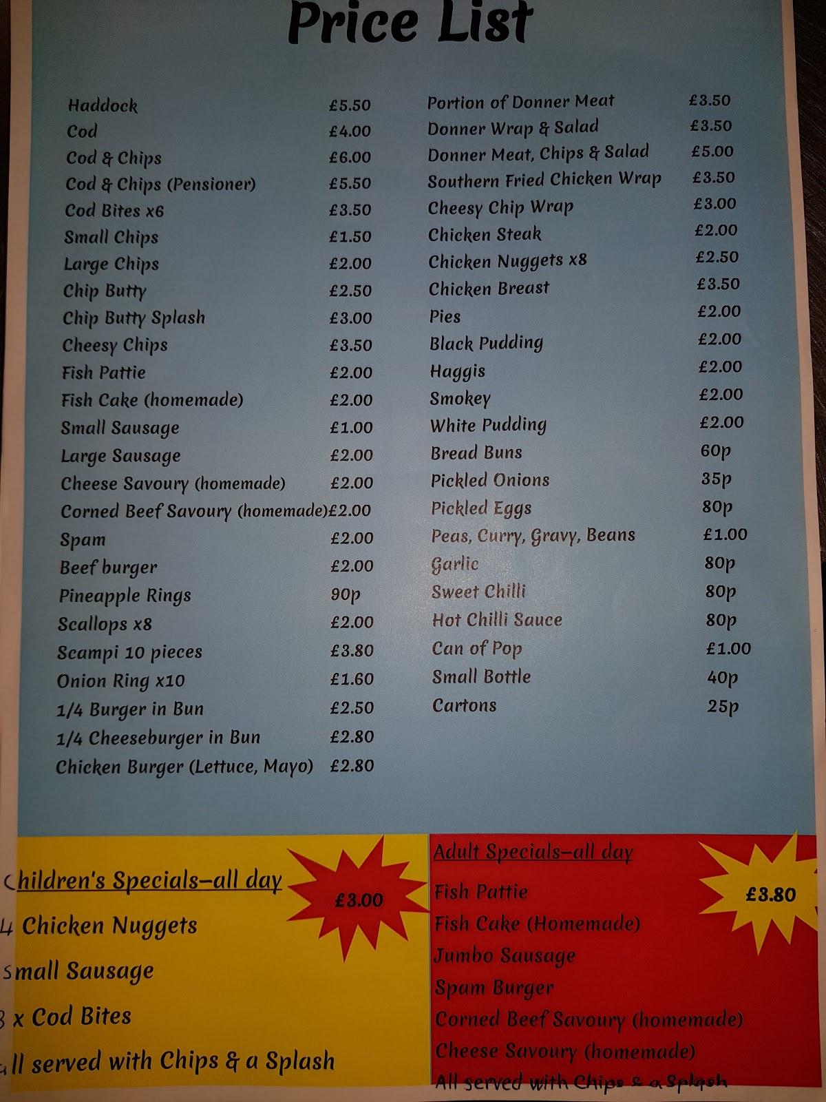 Menu at Karen's plaice restaurant, Shildon
