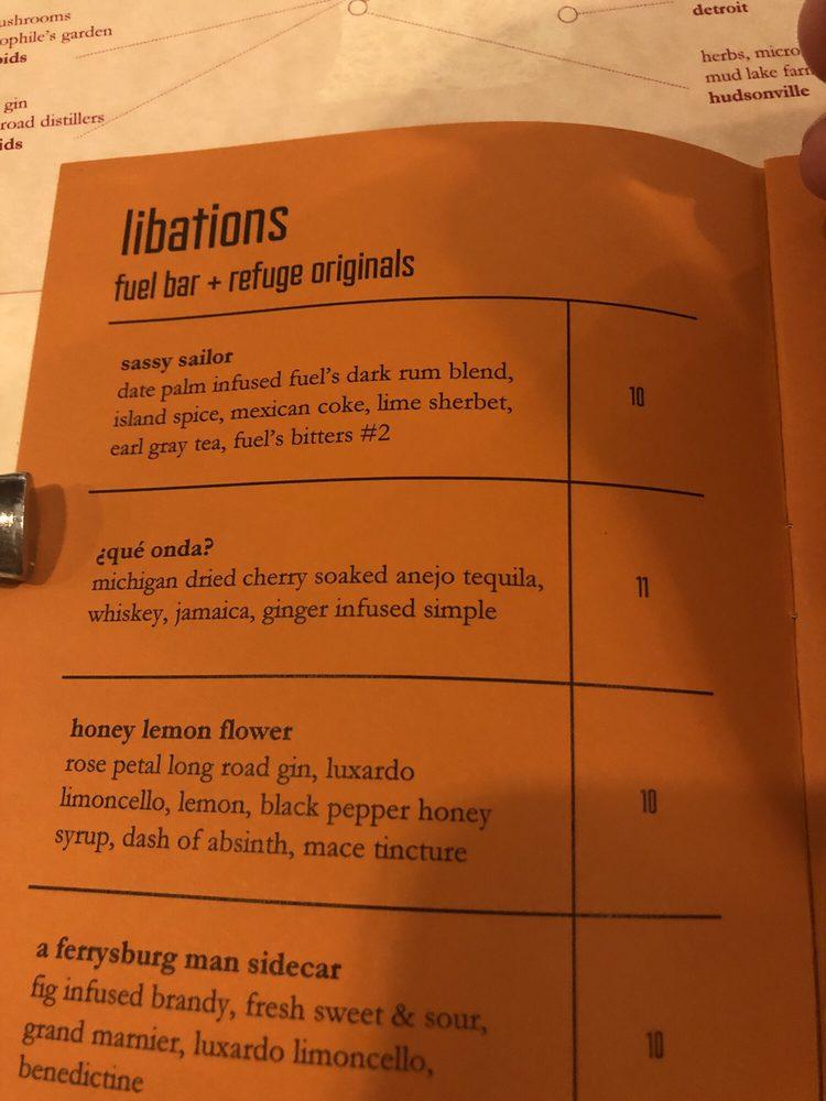 Menu at fuel bar + refuge, Spring Lake