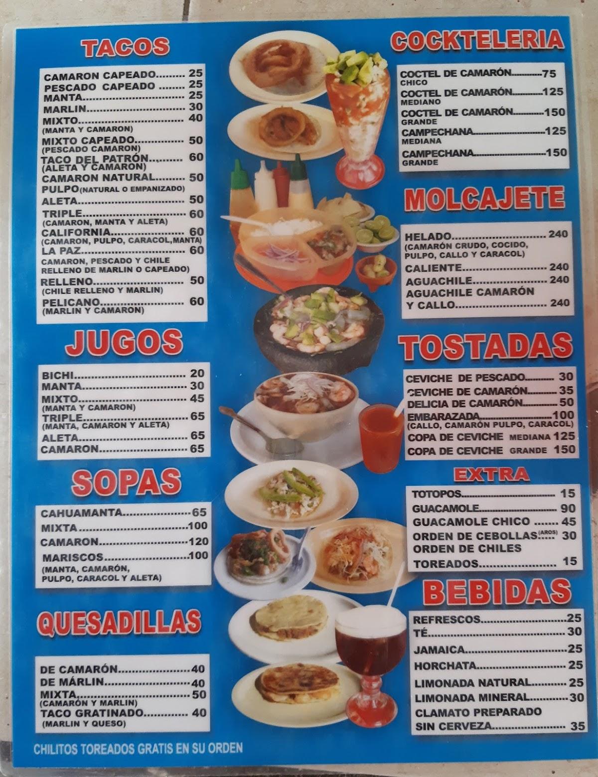 Menu at Mariscos la Paz restaurant, Magdalena de Kino