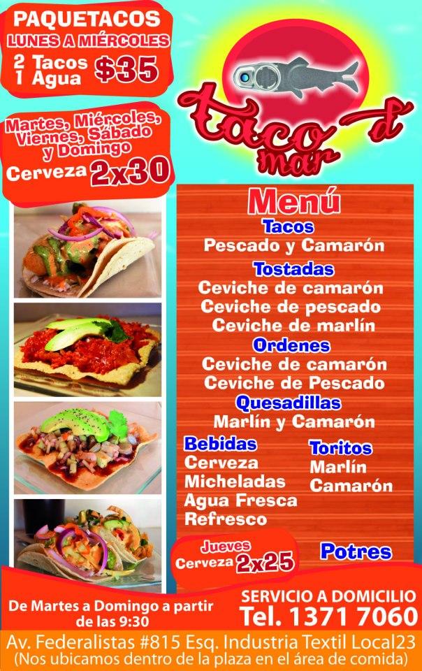 Menu at Taco d' Mar restaurant, Zapopan