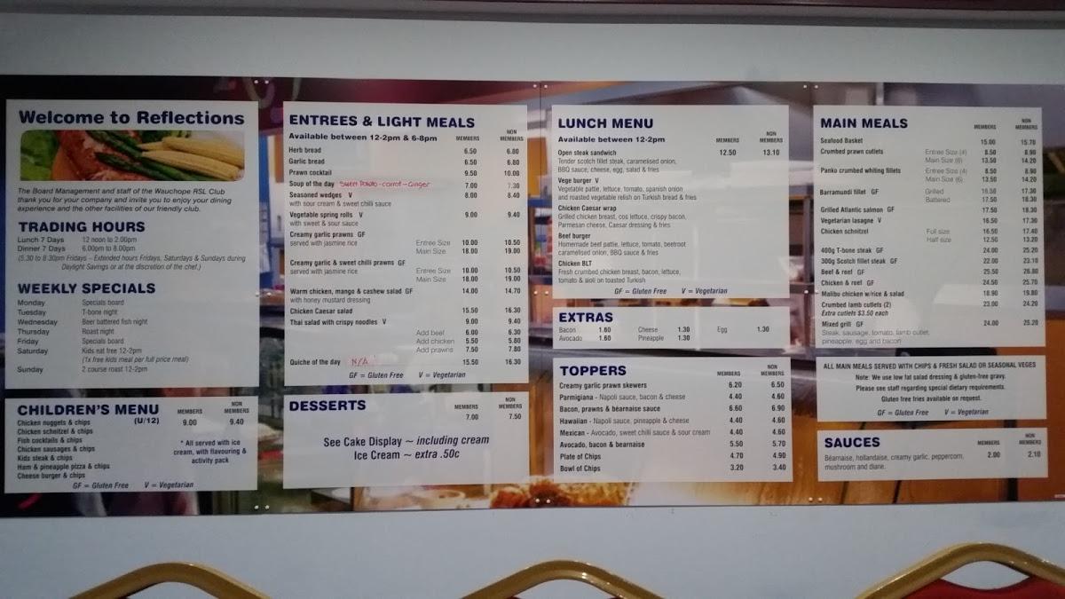 Menu at Wauchope RSL Club, Wauchope