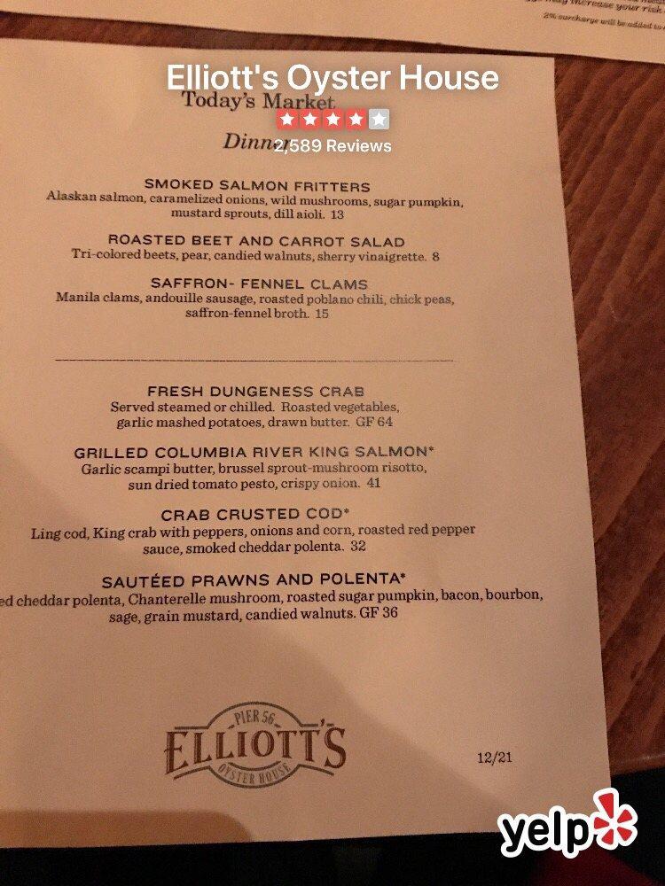 Menu at Elliott's Oyster House restaurant, Seattle