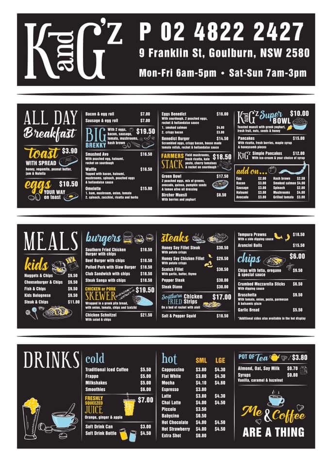Menu at K And G’z cafe, Goulburn