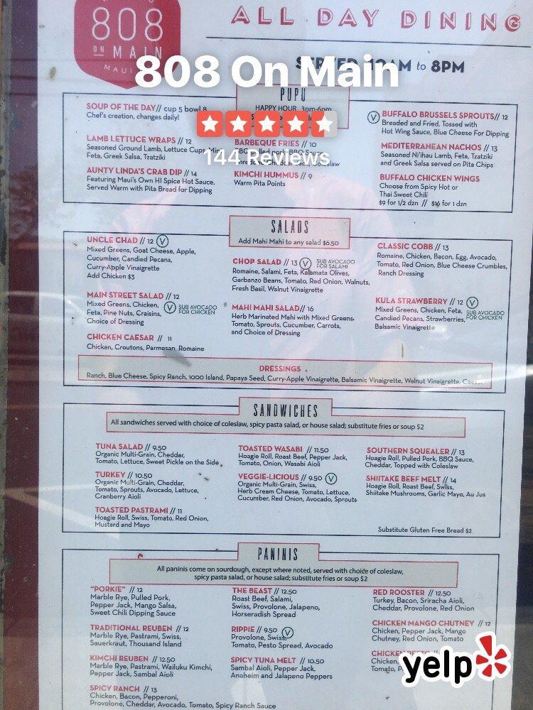 Menu at 808 on Main pub & bar, Wailuku