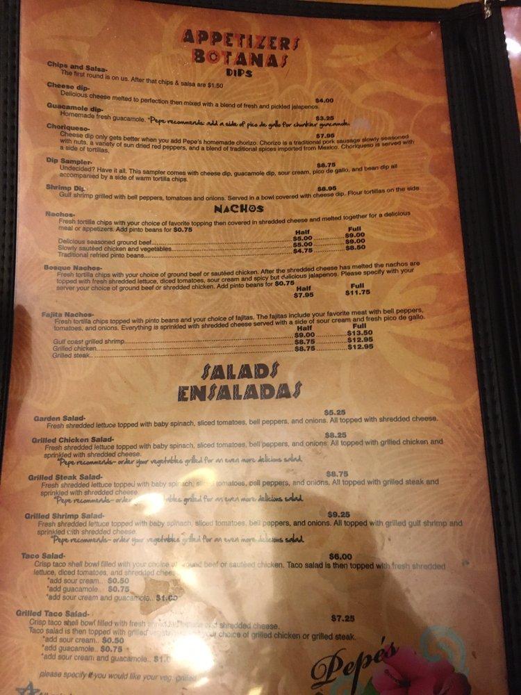 Menu at Pepe’s Bosque Mexican Grill restaurant, D'Iberville