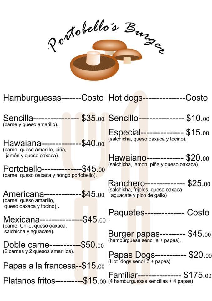 Menu at Portobellos Burger restaurant, Ciudad Nezahualcóyotl