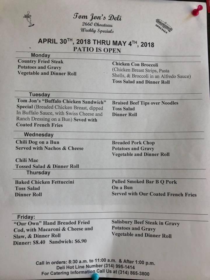 Menu at Tom Jon's Catering restaurant, St. Louis