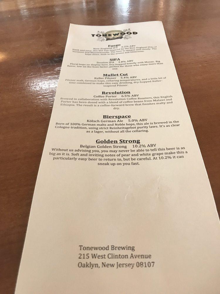 Menu at Tonewood Brewing restaurant, Oaklyn