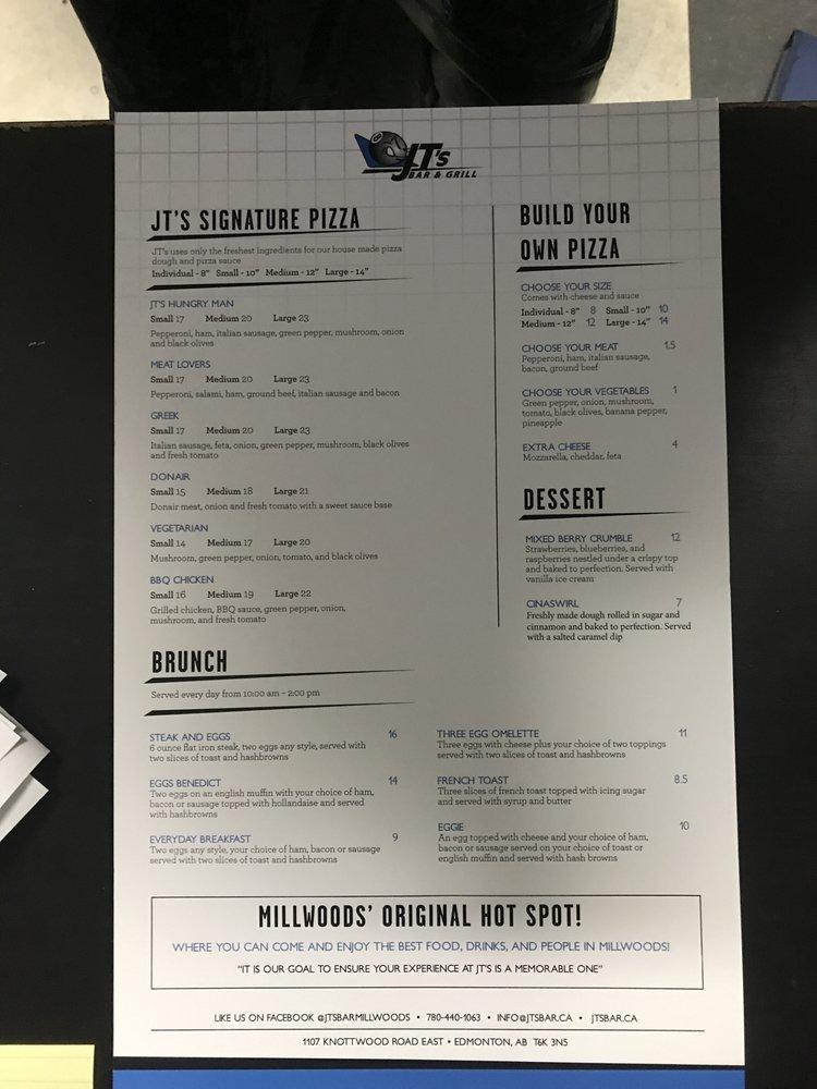 Menu at JT's Bar & Grill, Edmonton