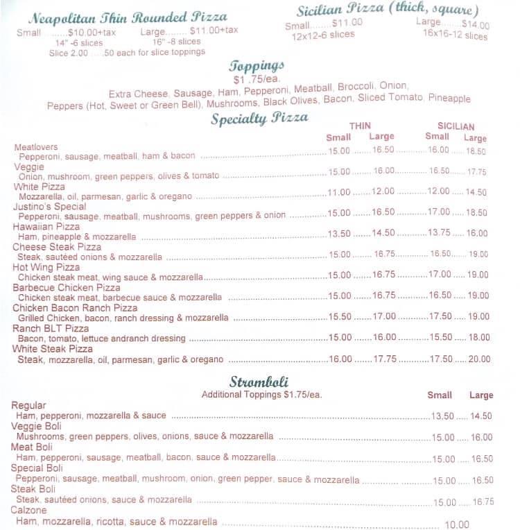 Carta de pizzería Justino's Pizza, Newmanstown