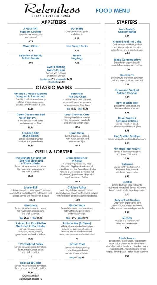 Menu at Relentless Steak and Lobster house Port Solent pub & bar