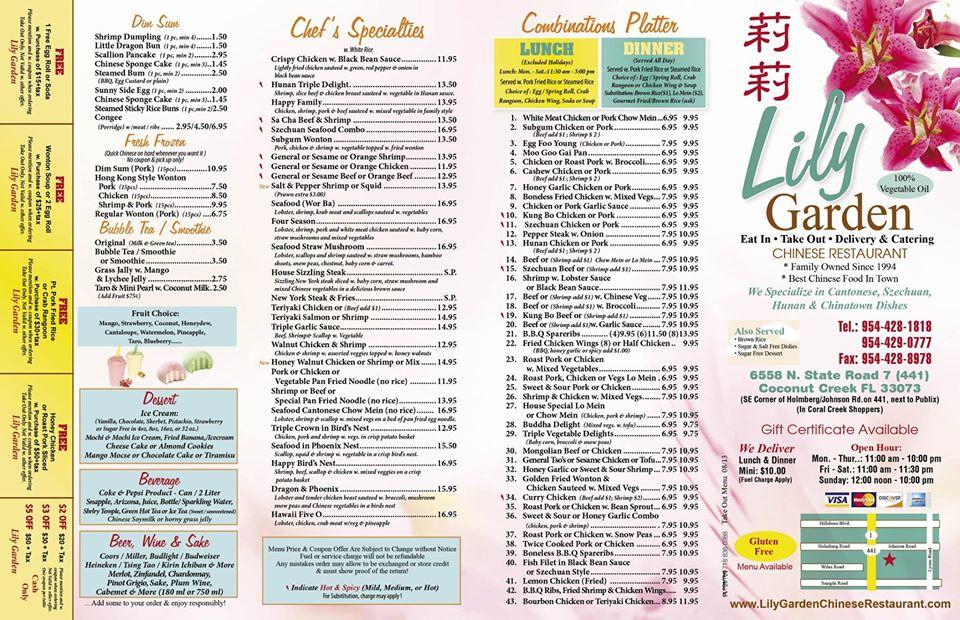 Menu at Lily Garden Chinese Restaurant, Coconut Creek