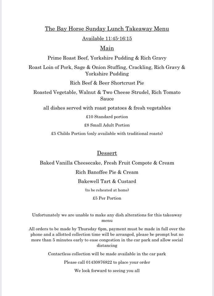 Menu at The Bay Horse pub & bar, Market Weighton, The bay horse