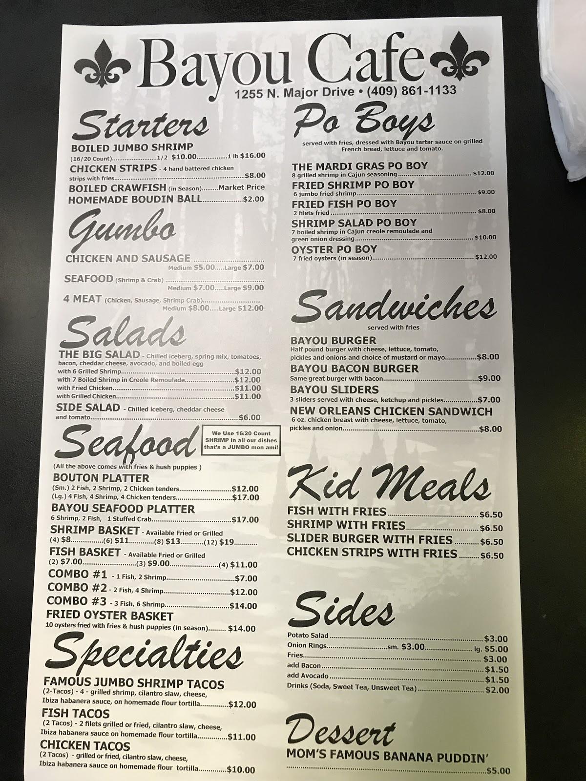 Menu at Bayou Cafe, Beaumont, N Major Dr