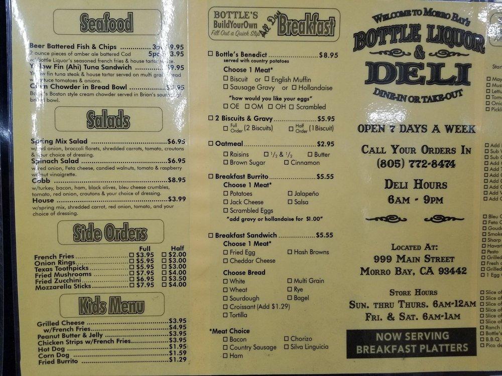 Menu at Bottle Liquor fast food, Morro Bay
