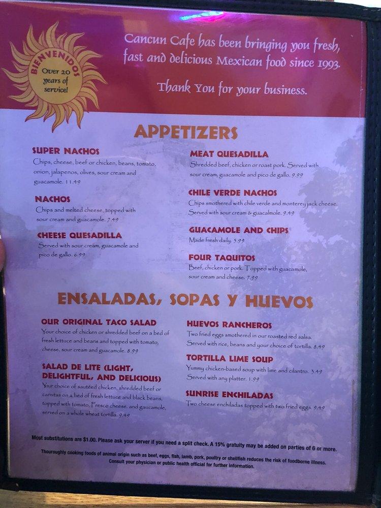 Menu at Cancun Cafe, Salt Lake City, Fort Union Blvd