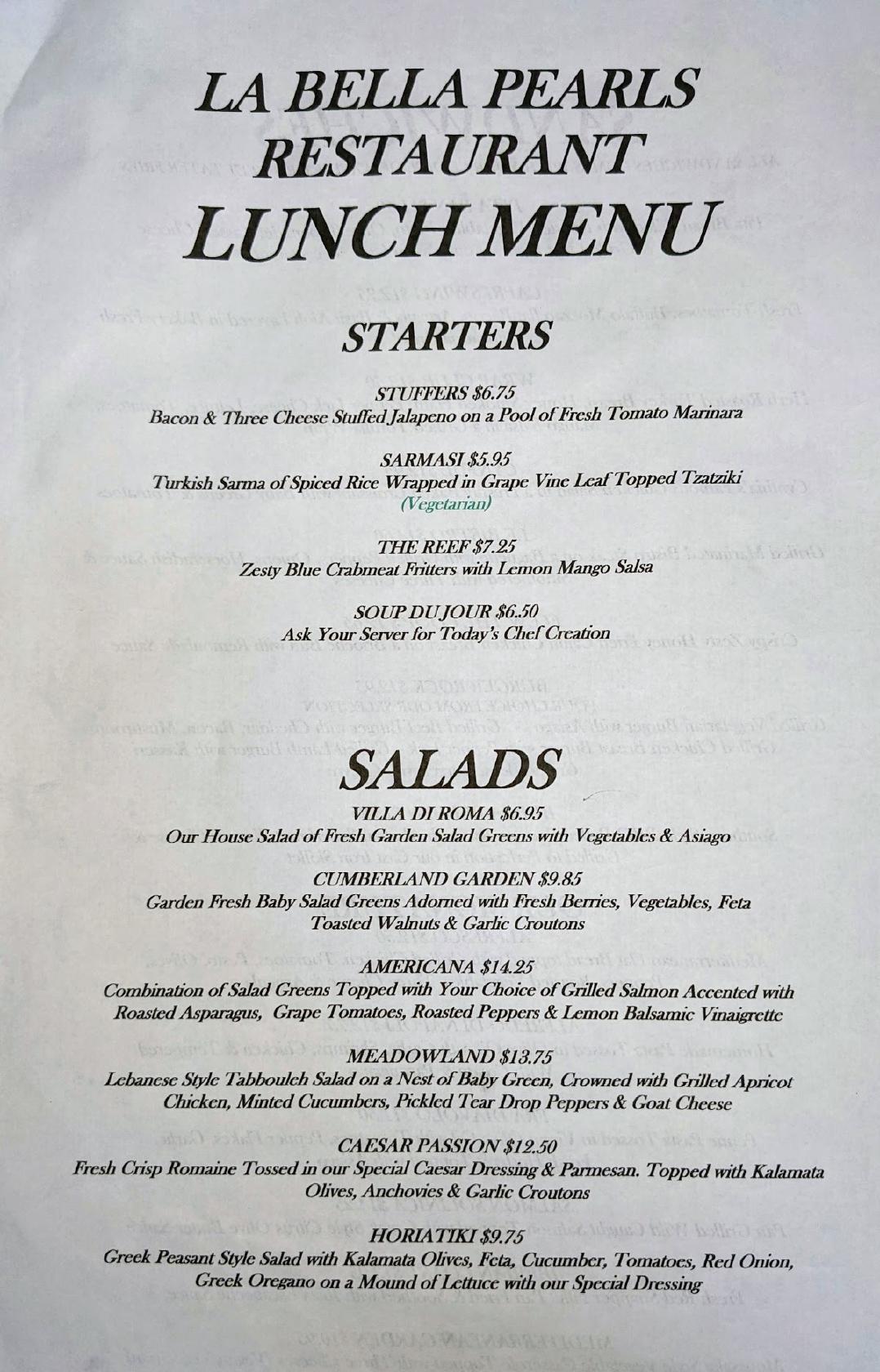Menu at La Bella Pearl's restaurant, Sewanee