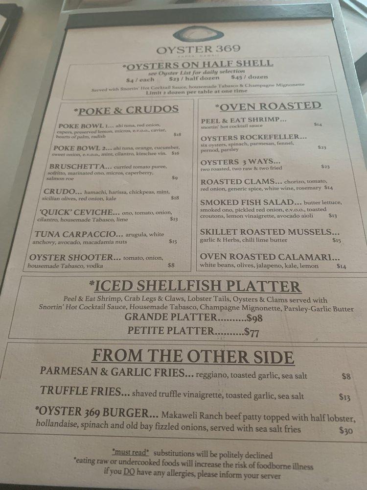 Menu at Oyster 369 restaurant, Kapaa