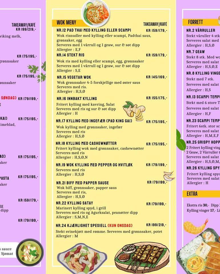 Menu at Pan Thai take away kafé catering restaurant, Mosjøen