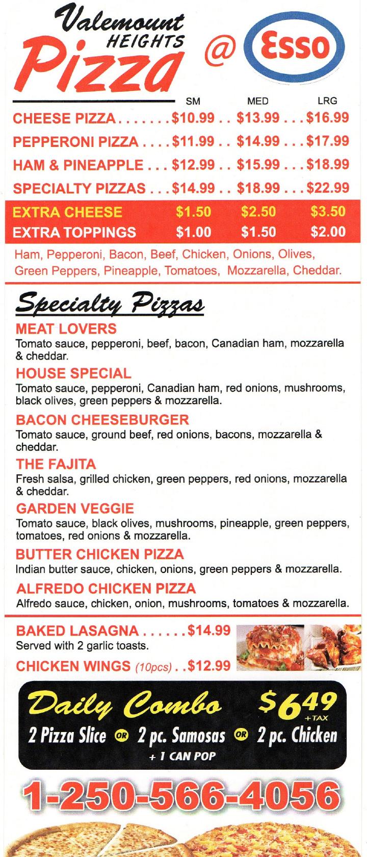 Menu at Valemount Heights Pizza Esso pizzeria, Valemount