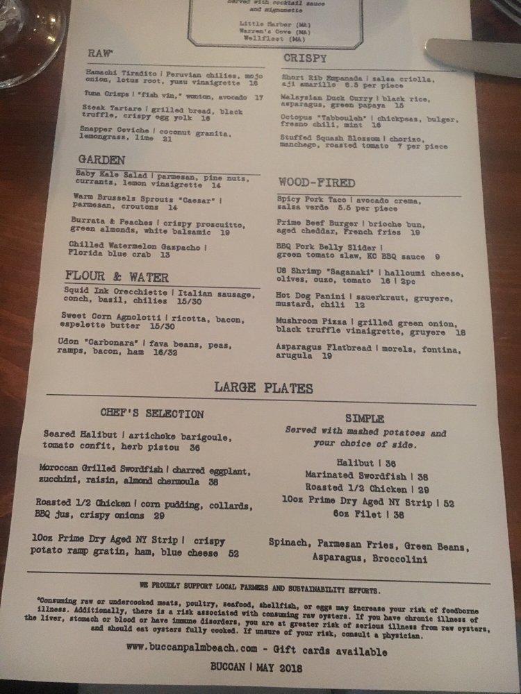 Menu at Buccan restaurant, Palm Beach