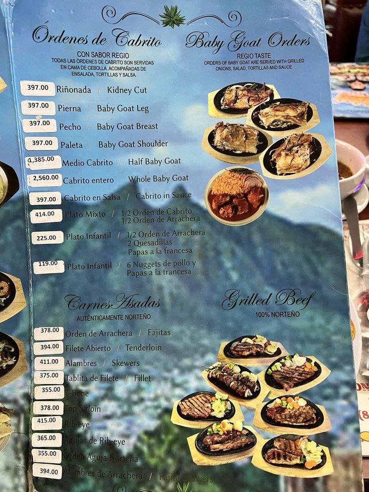 Menu at El Rey del Cabrito steakhouse, Monterrey, Constitución 817-Oriente