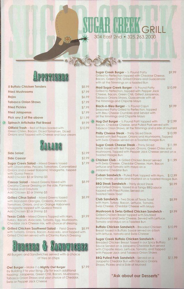 Menu at Sugar Creek restaurant, Big Lake